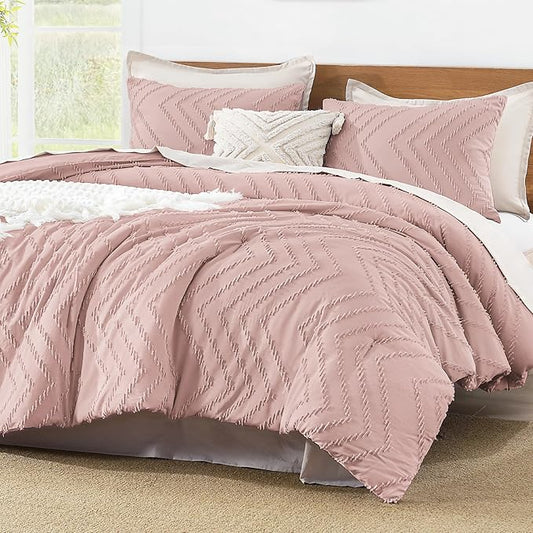 Litanika Blush Pink Queen Size Comforter Sets, 3 Pieces Lightweight Chevron Tufted Bedding Comforter Set, Fluffy Down Alternative Comforter Bed Set Gift Choice (90x90In Comforter and 2 Pillowcases)