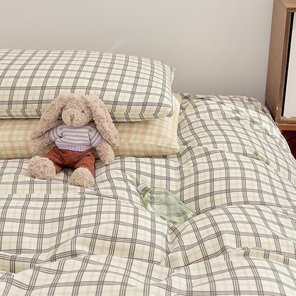 Vintage Grey Plaid Duvet Cover Full Size 100% Cotton Muslin Gingham Duvet Cover Grey Green Grid Checkered Plaid Bedding Set Breathable Soft Linen Like Gauze Comforter Cover Gingham Bedding Set Full