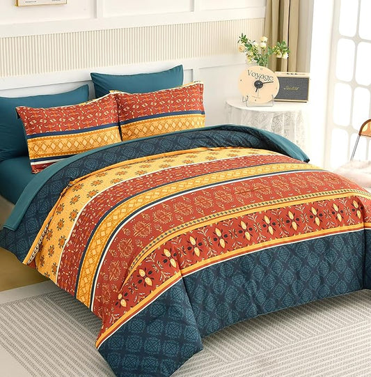 WONGS BEDDING Boho Comforter Set King Size,7 Pieces Bed in a Bag Bohemian Striped Bedding Set,Burnt Orange Paisley Floral Comfortet and Sheet Set,Soft Microfiber Bedding Sets for All Season