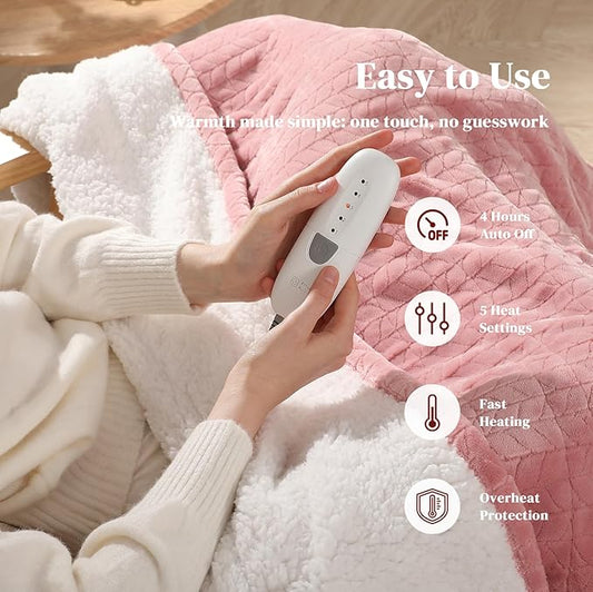 Electric Throw Blanket Heated Throw 50''x60''- Wheat Pattern Flannel & Sherpa Heated Lap Blanket with 5 Heat Settings & 4-Hour Auto Shut-Off, ETL & FCC Certified, Machine Washable Home Use, Pink