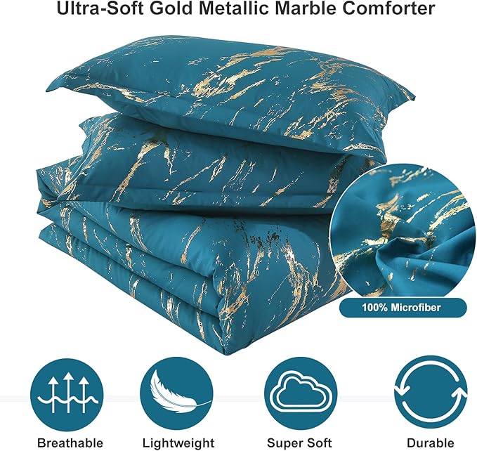 WONGS BEDDING Teal Gold Metallic Marble Comforter Set King Foil Print Glitter Bedding Sets with 2 Pillowcases for All Seasons, Soft Microfiber Filling Bedding Duvet Set 103"x90"