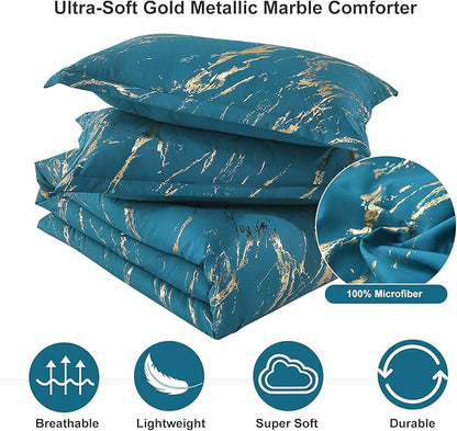 WONGS BEDDING Teal Gold Metallic Marble Comforter Set King Foil Print Glitter Bedding Sets with 2 Pillowcases for All Seasons, Soft Microfiber Filling Bedding Duvet Set 103"x90"