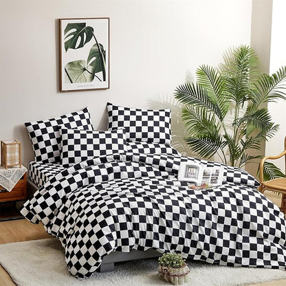 CLOTHKNOW Black White Plaid Comforter Set Queen Grid Bedding Comforter Sets Soft Checker Geometric Queen Comforter with 2 x Pillow Cases