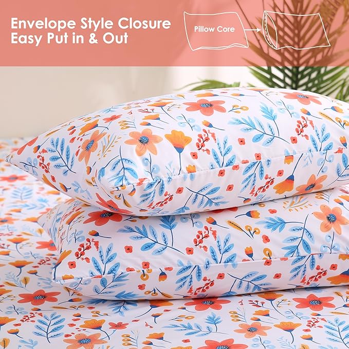 JSD Floral Printed Sheet Set Twin Size, 3 Piece Flower Pattern Microfiber Bed Sheets Deep Pocket