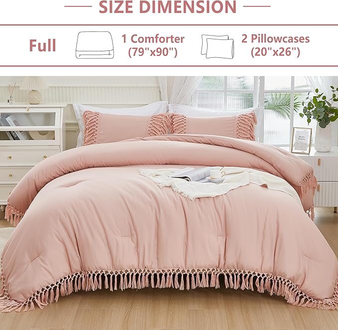 Andency Pink Full Size Comforter Set, 3 Pieces Boho Tassel Lightweight Soft Bedding Comforter Sets, All Season Fluffy Fringe Bed Set (79x90In Comforter & 2 Pillowcases)