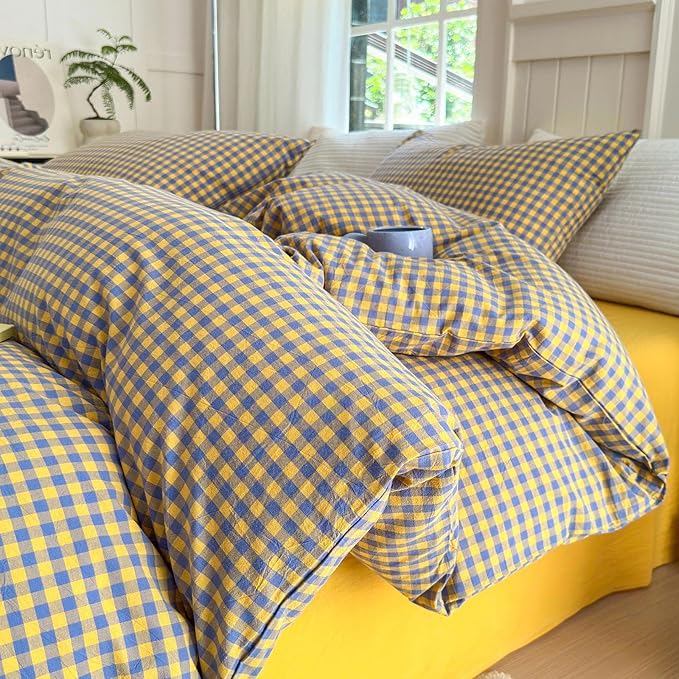 LifeTB Queen Comforter Set Purple Yellow Gingham Comforter Geometric Checkered Pattern Comforter Set Boho Grid Plaid Bedding Comforter Fluffy Soft Farmhouse Grid Bedding Set Queen Size Durable