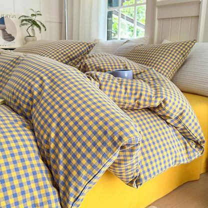 LifeTB Gingham Comforter Set King Modern Style Checkered Plaid Printed Bedding Comforter Set 3 Pieces Boho Grid Comforter King Fluffy Soft Purple Yellow Gingham Bedding Comforter with 2 Pillowcases