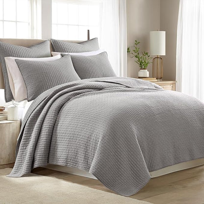 Levtex Home Cross Stitch Reversible Full/Queen Quilt Set (88x92in) and 2 Pillow Shams (26x20in) - Stitch Texture - Light Grey - Cotton Full/Queen Size Quilt Bedding Set - Lightweight, Soft, Pre-Washed