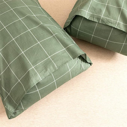JELLYMONI 100% Natural Cotton 3pcs Plaid Duvet Cover Sets,Green with White Grid Geometric Pattern Printed Comforter Cover,with Zipper Closure & Corner Ties(Queen Size)