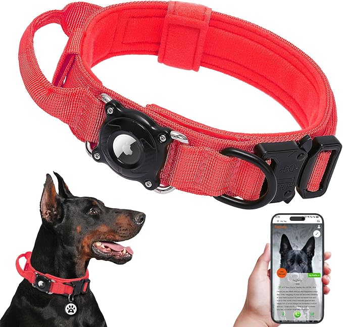Tactical AirTag Dog Collar Waterproof with QR ID Tag, Military Training Dog Collar with Built-in AirTag Holder, Strong Metal Buckle & Control Handle, GPS Tracking Collar for Medium Dogs (Red, M)