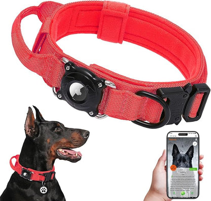 Tactical AirTag Dog Collar Waterproof with QR ID Tag, Military Training Dog Collar with Built-in AirTag Holder, Strong Metal Buckle & Control Handle, GPS Tracking Collar for Medium Dogs (Red, M)