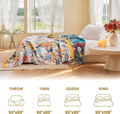 MSGKV Boho Throw Blanket 90"x90" Floral Cotton Blanket for Bed Spring Breathable Lightweight Farmhouse Queen Blankets Home Decor Muslin All Seasons