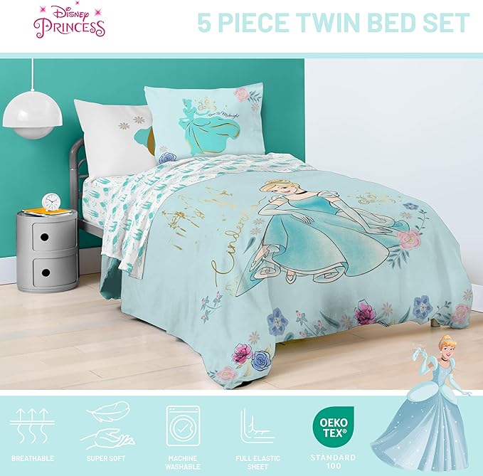 Jay Franco Kids Comforter Set Includes Sheets and Pillow Covers - Soft and Cozy Bed Set for Stylish Room Decor, Official Licensed Bedding, Blue - Princess Cinderella, 5 Piece Twin