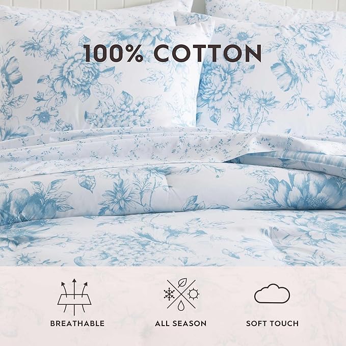 Laura Ashley - King Comforter Set, Soft & Reversible Floral Bedding with Bonus Bed Sheets & Pillowcases, 7 Piece Bed Set for Year Round Comfort (Delphine Saras/Sprig Blue)