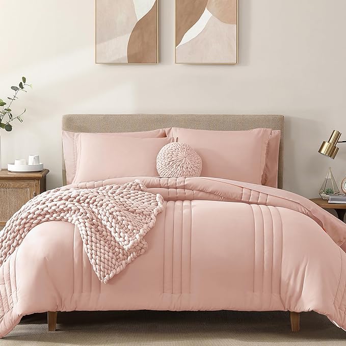 Monbix Twin XL Size Comforter Set - Extra Long 5 Pieces Dorm Bedding Sets, Quilting Design Fluffy Bed in a Bag Twin XL with Sheets, Pillowcase & Sham(Light Pink)