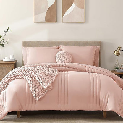 Monbix Full Comforter Set - 7 Pieces Light Pink Bed in a Bag Full Size Bedding Sets with Comforters, All Seasons Comforter with Sheets, Pillowcases & Shams