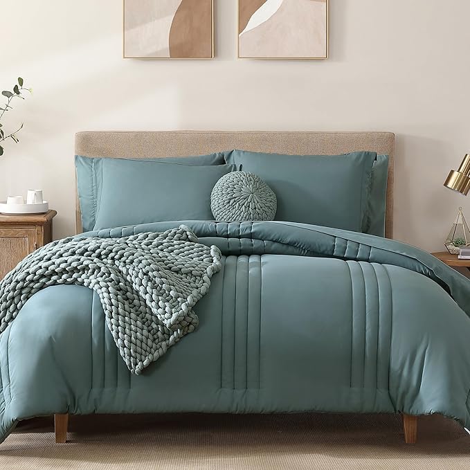 Monbix Full Comforter Set - 7 Pieces Blue Green Bed in a Bag Full Size Bedding Sets with Comforters, All Seasons Comforter with Sheets, Pillowcases & Shams