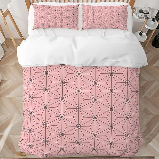 INFLAG Anime Bedding Set - Soft Brushed Microfiber 90x90 Inches Duvet Cover Set, 3 Piece, 1 Duvet Cover with Zipper Closure and 2 Pillow Shams (Queen,Pink)