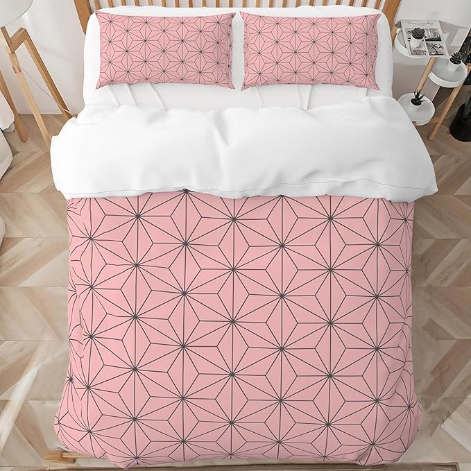 INFLAG Anime Bedding Set - Soft Brushed Microfiber 68x90 Inches Duvet Cover Set, 3 Piece, 1 Duvet Cover with Zipper Closure and 2 Pillow Shams (Twin,Pink)