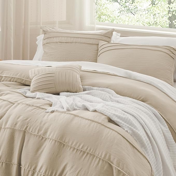 Bedsure California King Comforter Set - 4 Pieces Pinch Pleat Bed in A Bag, Linen Boho Bedding Sets for Summer, 1 Soft Comforter, 2 Pillowcases, 1 Decorative Pillow