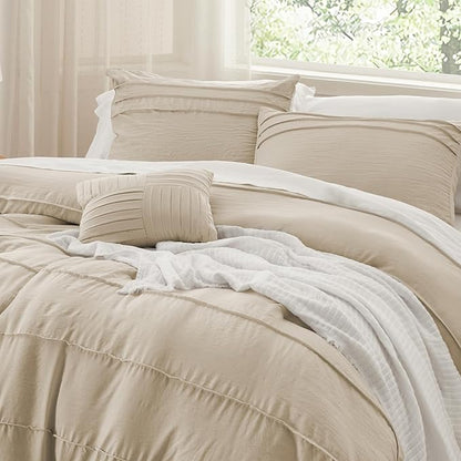 Bedsure California King Comforter Set - 4 Pieces Pinch Pleat Bed in A Bag, Linen Boho Bedding Sets for Summer, 1 Soft Comforter, 2 Pillowcases, 1 Decorative Pillow
