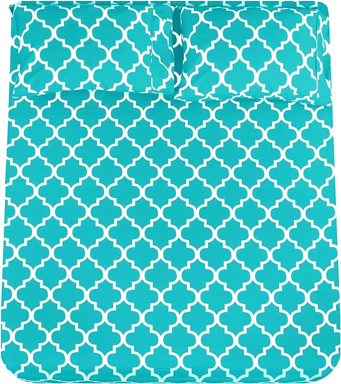 Mejoroom Queen Bed Sheet Set - Super Soft Brushed Microfiber - 1800 Thread Count Queen Sheets with 16 inch Deep Pocket - Wrinkle Free - 4 Piece(Queen, Aqua Quatrefoil with White Pattern)
