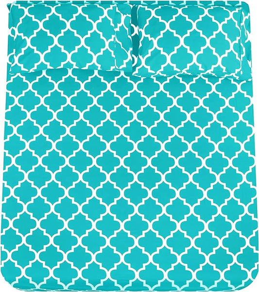 Mejoroom Queen Bed Sheet Set - Super Soft Brushed Microfiber - 1800 Thread Count Queen Sheets with 16 inch Deep Pocket - Wrinkle Free - 4 Piece(Queen, Aqua Quatrefoil with White Pattern)