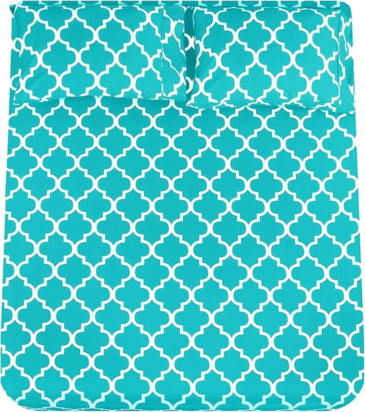 Mejoroom Full Bed Sheet Set - Super Soft Brushed Microfiber 1800 Thread Count Sheets with 16 inch Deep Pocket - Wrinkle Free - 4 Piece(Full, Aqua Quatrefoil with White Pattern)