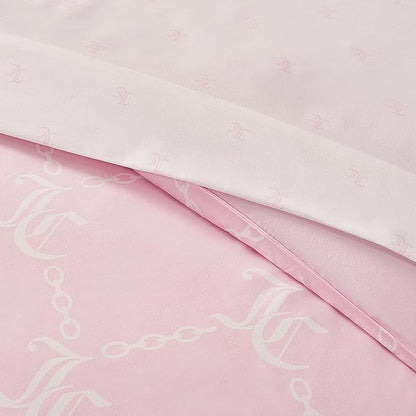 Juicy Couture Light Pink/White Link Logo Printed Comforter Set, King – Complete 8-Piece Bed in a Bag Collection