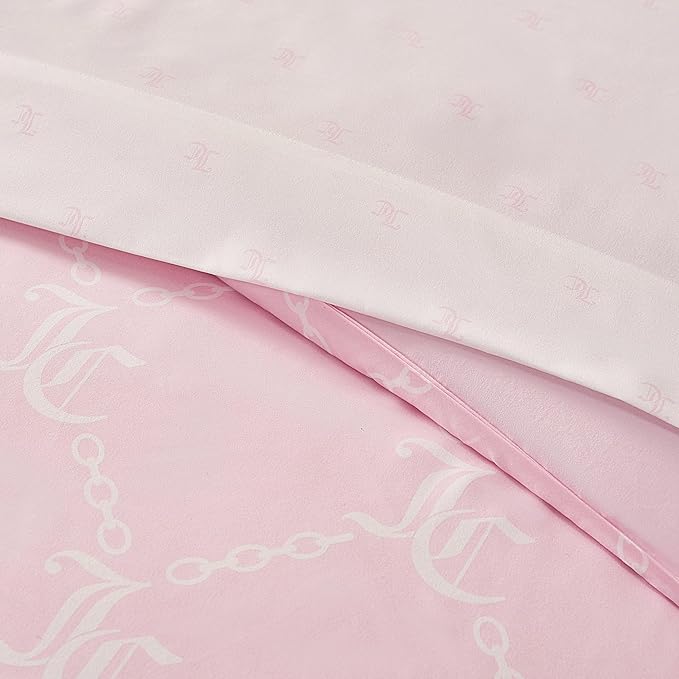 Juicy Couture Light Pink/White Link Logo Printed Comforter Set, Full – Complete 8-Piece Bed in a Bag Collection