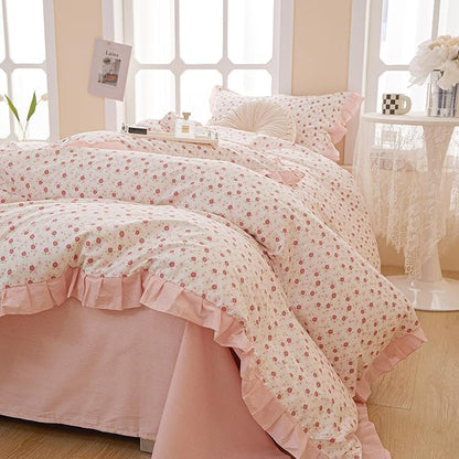 VM VOUGEMARKET Queen Comforter Set Shabby Ruffle Comforter,Bed in a Bag Pink Flower Bedding Set for All Seasons,Soft Comfy Floral Comforter with 2 Pillow Shams-90 x90