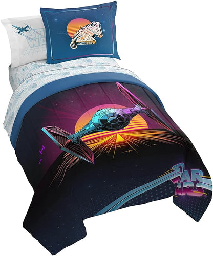 Jay Franco Kids Comforter Set Includes Sheets and Pillow Covers - Soft and Cozy Bed Set for Stylish Room Decor, Blue - Star Wars 02, 5 Piece Twin Size Bedding