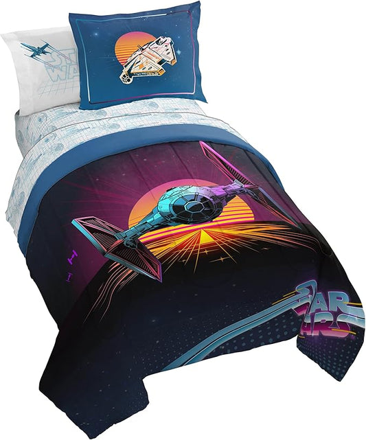 Jay Franco Kids Comforter Set Includes Sheets and Pillow Covers - Soft and Cozy Bed Set for Stylish Room Decor, Blue - Star Wars 02, 5 Piece Twin Size Bedding