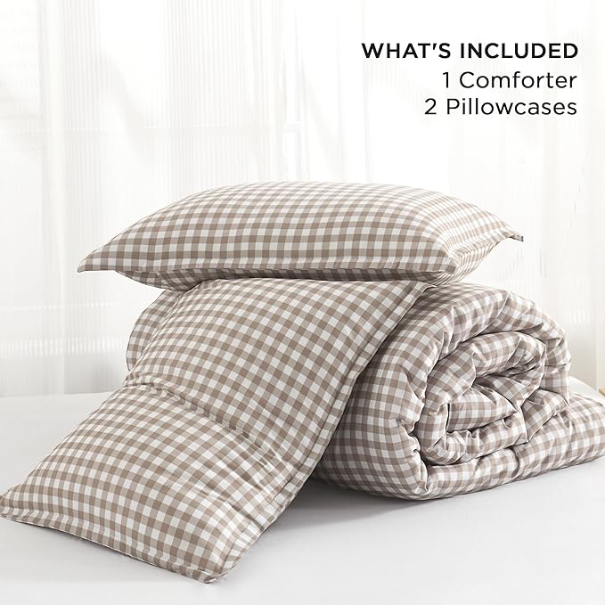 Andency Tan Gingham Comforter Set Full(79x90Inch), Brown Checkered Grid Plaid Buffalo Bed Set for Girls Boys Kids Teens, 3 Pieces Lightweight Polyester Geometric Preppy Bedding