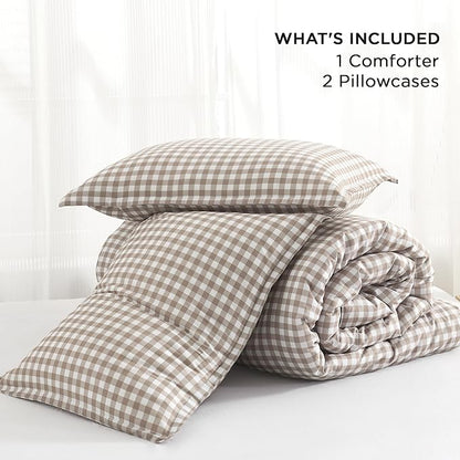 Andency Tan Gingham Comforter Set Full(79x90Inch), Brown Checkered Grid Plaid Buffalo Bed Set for Girls Boys Kids Teens, 3 Pieces Lightweight Polyester Geometric Preppy Bedding