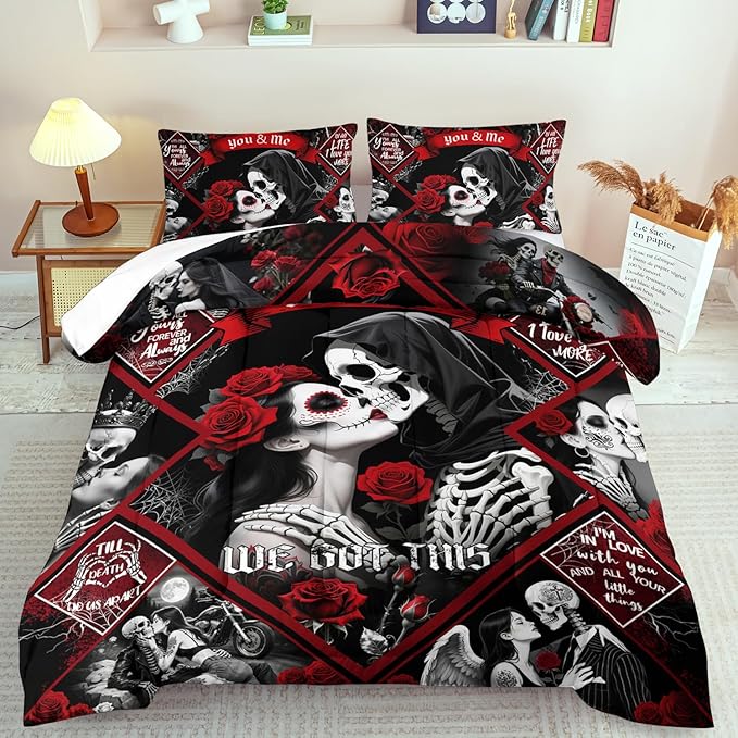 Red Skull Comforter Set Full Size Women Men Black Goth Bedding Set GirlsGothic Full Size Comforter Couple Red Rose Couple Bedding Boho Skull Quilt Bedroom Decor
