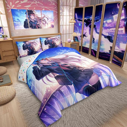 Erosebridal Anime Girl Bedding Set Full Size, Japanese Anime Comforter Set for Kids Boys Teens Bedroom Decor, Cartoon Girl Duvet Insert Kawaii Japanese Animation Quilt with 2 Pillow Cases
