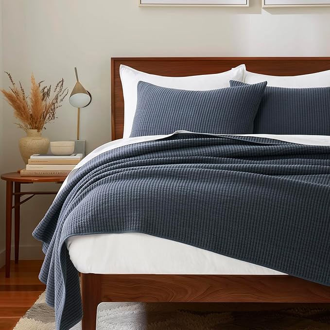 EVERGRACEHOME Cotton Coverlet Set Full Queen Size 3 Pieces, Lightweight Soft Ribbed Matelassé Bedspread Quilt Set, Cozy Oversized Quilted Bedding Set with 2 Pillow Shams for All Seasons, Midnight Blue