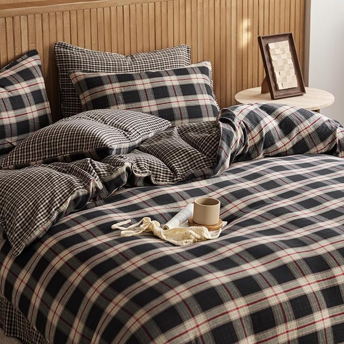 EAVD Vintage Black Gingham Comforter Set Twin XL Soft 100% Muslin Cotton Red Green Grid Checkered Plaid Bedding Set with 2 Pillowcases Farmhouse Reversible Black Plaid Comforter Set for All-Season