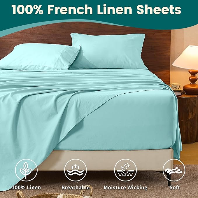 100% Linen Sheet Set Cal King Size Extra Deep Pocket Fits 18-24 Inch Mattress, Breathable & Soft, Smooth 6-Piece Set for Thick Mattresses Hotel Luxury Bedding（Cal King, Light Blue）