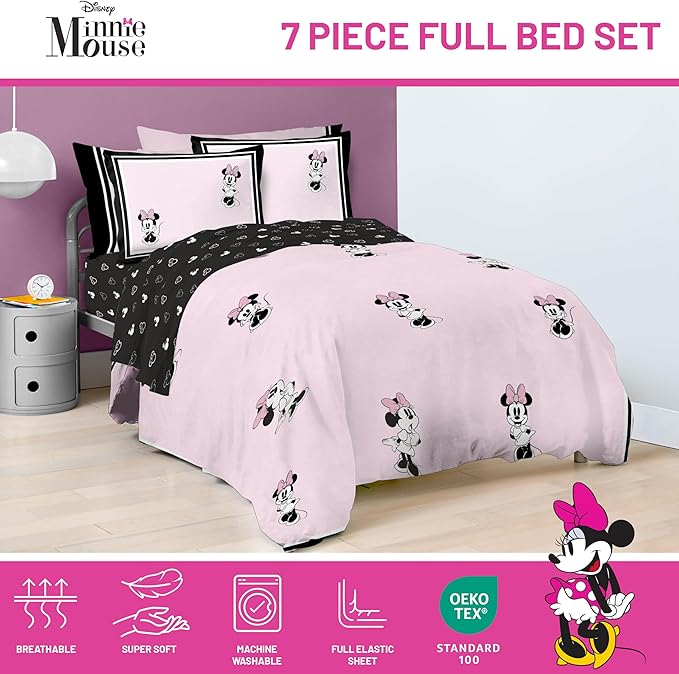 Jay Franco Kids Comforter Set Includes Sheets and Pillow Covers - Soft and Cozy Bed Set for Stylish Room Decor, Official Licensed Bedding, Multi - Minnie Mouse, 7 Piece Full