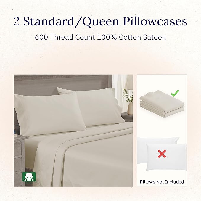 Luxuriously Soft Premium 600 Thread Count, 100% Cotton Set of 2 Cases, Crisp Pillowcases Queen Size Set of 2 Fits Standard & Queen Pillows - Ivory (Warm Cream)