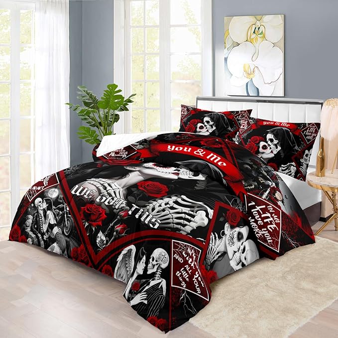Red Skull Comforter Set Queen Size Women Men Black Goth Bedding Set Girls Gothic Queen Size Comforter Couple Red Rose Couple Bedding Boho Skull Quilt Bedroom Decor