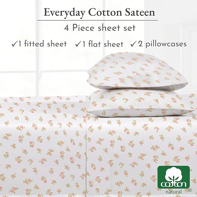 California Design Den King Floral Sheet Set, 100% Cotton Sateen Sheets, King Size Sheets Set, Deep Pockets & Pillowcase Set - Chic Floral