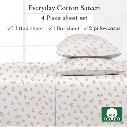 California Design Den King Floral Sheet Set, 100% Cotton Sateen Sheets, King Size Sheets Set, Deep Pockets & Pillowcase Set - Chic Floral