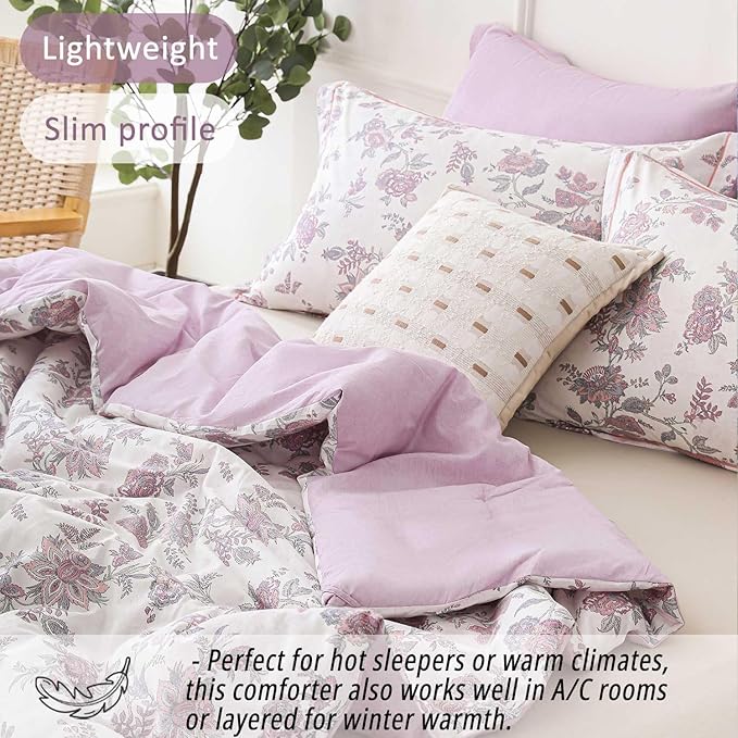 Pink Floral Cotton Comforter Queen Size 3PC - Vintage Romantic Botanical on Soft White with Smoky Pink Floral Reverse – Cozy Reversible Lightweight Comforter Set with Soft Fill(90"×90")