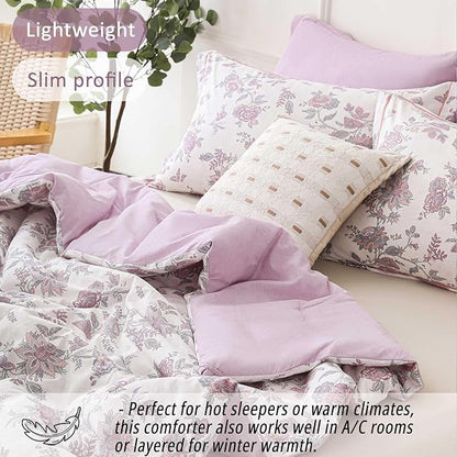 Pink Floral Cotton Comforter Queen Size 3PC - Vintage Romantic Botanical on Soft White with Smoky Pink Floral Reverse – Cozy Reversible Lightweight Comforter Set with Soft Fill(90"×90")