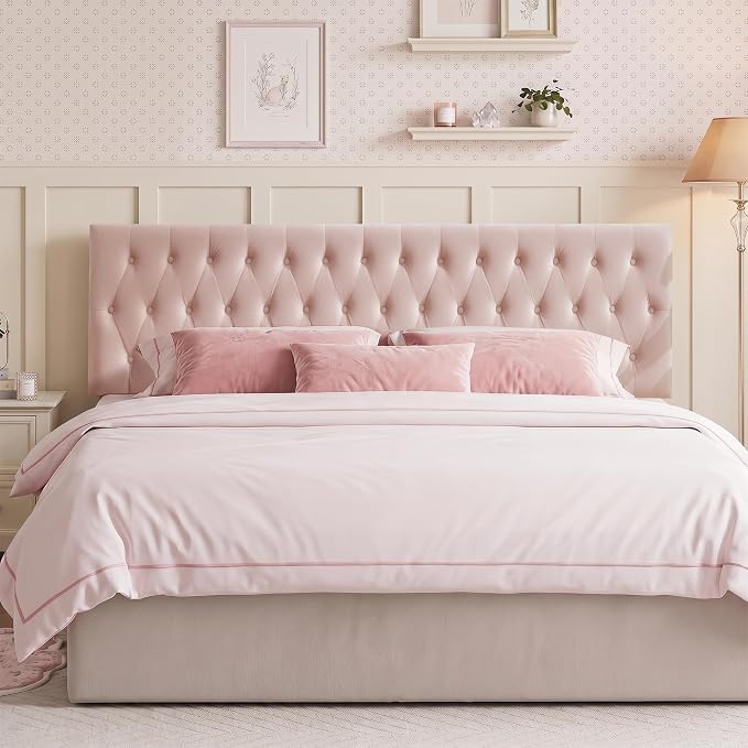 Tufted Upholstered Full Size Bed Headboard in Modern Button Design, Adjustable Solid Wood Head Board, Premium Velvet Fabric Padded Headboards in Bedroom (Pink)