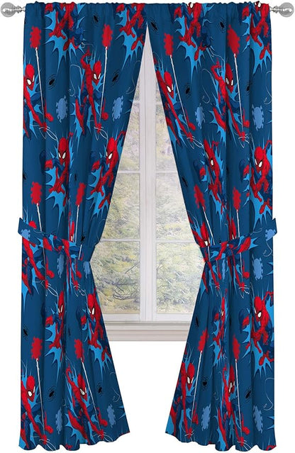 Jay Franco Kids Window Drapes - 4 Piece Curtain Set Includes 2 Tiebacks, Beautiful Bedding Room Décor and Easy Set Up, Blue - Spiderman, 84 Inch