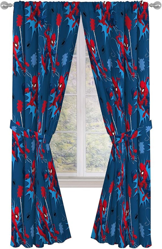 Jay Franco Kids Window Drapes - 4 Piece Curtain Set Includes 2 Tiebacks, Beautiful Bedding Room Décor and Easy Set Up, Blue - Spiderman, 84 Inch